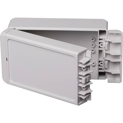 A plastic enclosure with a raised lid, suitable for outdoor use, with space for cable management and connectors.