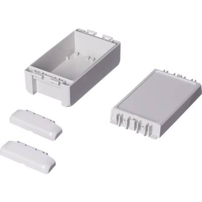 A plain, white plastic box with a removable lid and two small, separate parts, presumably housing components, on a white background.