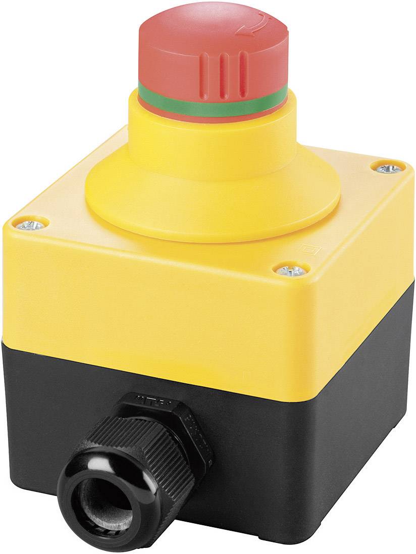 A yellow emergency stop switch housing with a red button on top, used for safety shutdowns on machinery.
