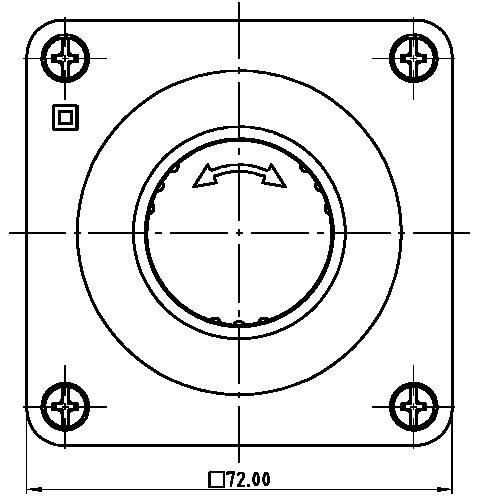 Technical drawing of a square plate with a central round rotary knob and arrows. Dimensions: 72 mm width.