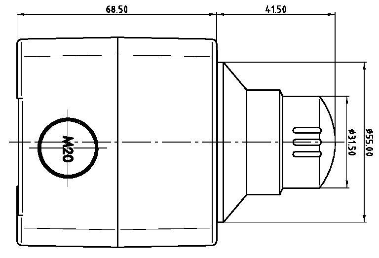 Technical drawing of a cylindrical object with M20 designation. Dimensions: Width 68.50 mm, Length 83.150 mm, detailed views available.