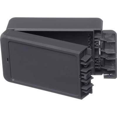Black, rectangular plastic enclosure with open lid. Several internal compartments and mountings are visible. Suitable for electronic components.