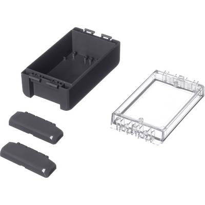 A rectangular, black electronic enclosure with a transparent lid and two removable side covers.
