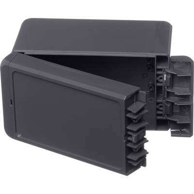 A grey, rectangular plastic box, partially open, with several mounting points on the sides.