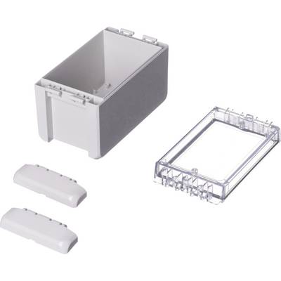 A rectangular, white plastic enclosure, a transparent lid and two white side covers; used for mounting technical equipment.