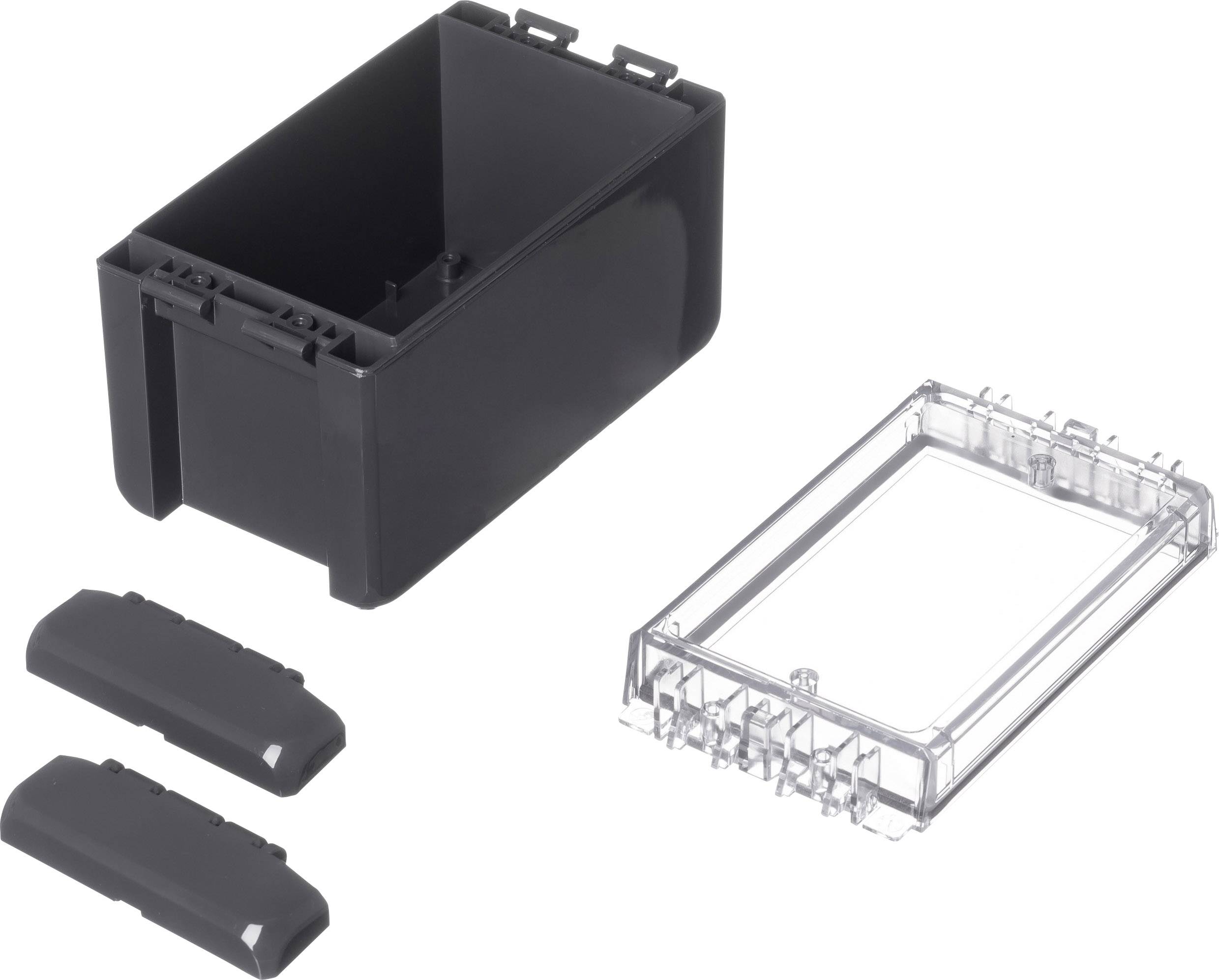 Black plastic enclosure with a removable transparent cover and two side-locking flaps, suitable for electronic projects.
