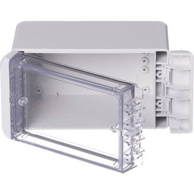 Grey electrical enclosure with transparent, open cover. Suitable for wall mounting for electrical connections.