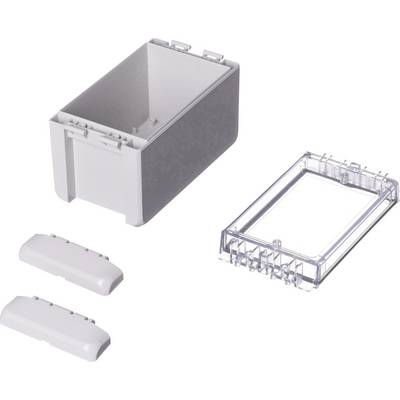 A rectangular, transparent plastic container with a removable lid and two rounded white plastic pieces.