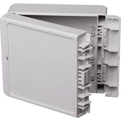 Grey plastic box with an open lid, showing internal mountings and recesses.