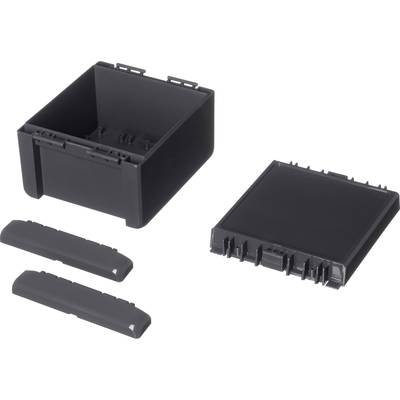 Black, rectangular plastic container with removable lid. Two smaller, elongated covers lie beside it.