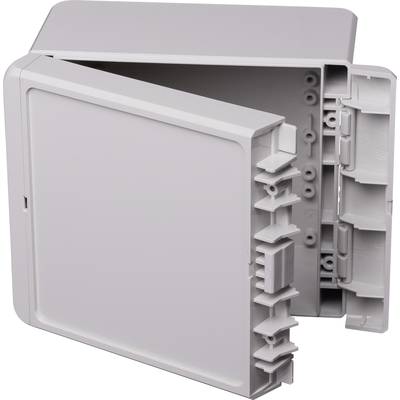 An open grey plastic enclosure used for housing electrical or electronic components.