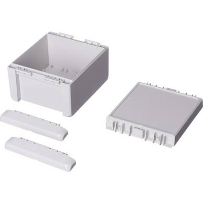 A rectangular, grey, stackable plastic container, consisting of a box, a lid and two handles, lies open.