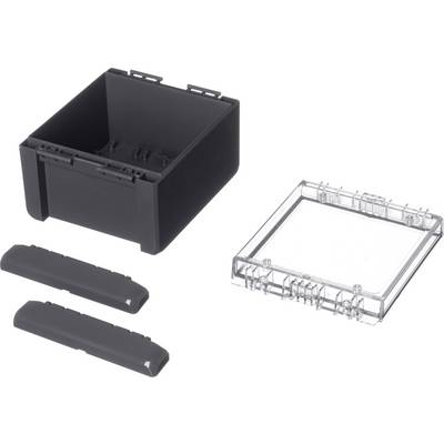 Black plastic box with a removable transparent lid, with two black covers beside it; components of a modular system.