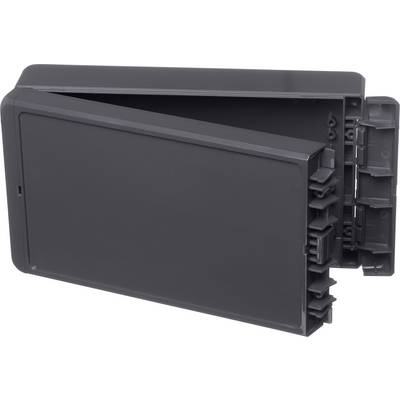 Black, rectangular plastic enclosure with a removable lid and multiple internal compartments. Suitable for storing electronic components.