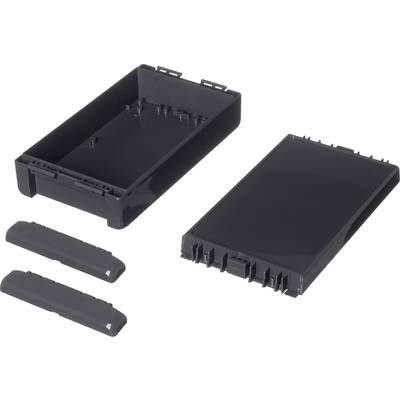 A black plastic enclosure with an open design, featuring a removable lid and two side covers, suitable for electronic components.