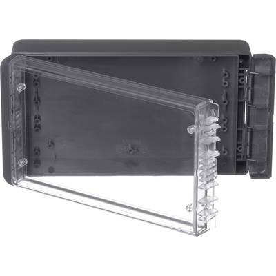 A plain, rectangular, transparent plastic box with a removable lid. The box has a darker back panel.