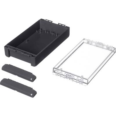 'Components of an electronic enclosure: black base, transparent cover, two black side panels. Parts for assembly.'