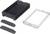 'Components of an electronic enclosure: black base, transparent cover, two black side panels. Parts for assembly.'
