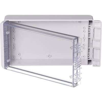 Grey housing with a foldable, transparent cover, revealing an interior with multiple screw holes for mounting.