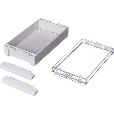 White rectangular plastic box with a removable transparent lid and two separate white end caps, on a white background.