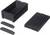 Black plastic housing consisting of a rectangular box, a matching lid, and two small strips, presumably covers.