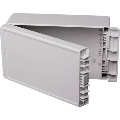 Grey plastic cover with hinge, partially open, revealing internal structure and mounting points.