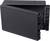 A black, rectangular enclosure, standing open, reveals its internal mounting brackets and clips. Used for electronic components.