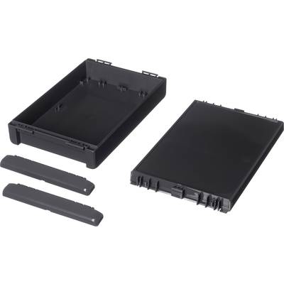 Black plastic components of an enclosure, consisting of three main parts: a base, a lid, and two side panels.