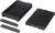 Black plastic components of an enclosure, consisting of three main parts: a base, a lid, and two side panels.
