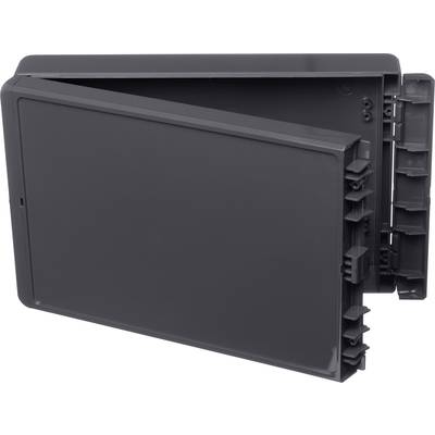 A black, rectangular plastic enclosure with a removable cover, opened, reveals hinges and internal mounting brackets.