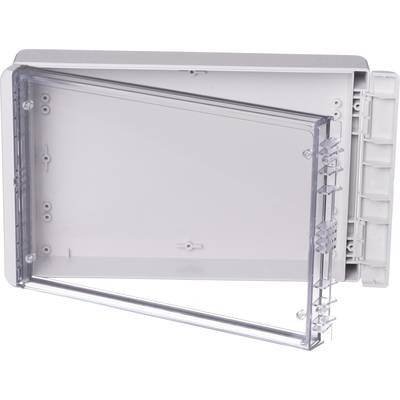 A housing case with a removable, transparent front cover, opened, revealing hinges and mounting options inside.