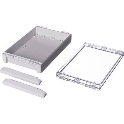 Plastic enclosure kit in individual parts: rectangular base plate, transparent cover, and two side panels.