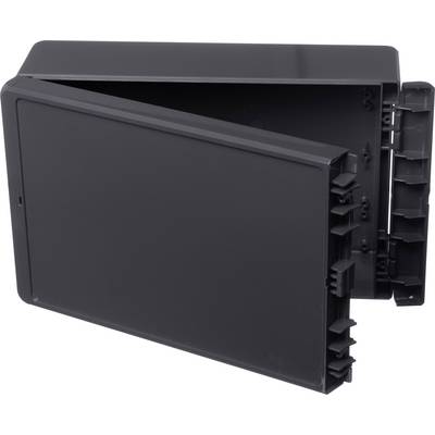 A black open plastic box with multiple socket/connection points on the side.