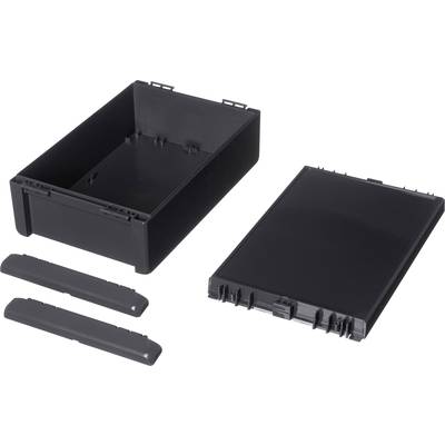 Black plastic accessory set consisting of a rectangular container, a lid, and two side pieces on a white background.