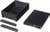 Black plastic accessory set consisting of a rectangular container, a lid, and two side pieces on a white background.