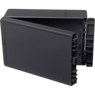 A black, rectangular plastic box with an open lid. The box is shown at a slight angle, revealing its internal structures.