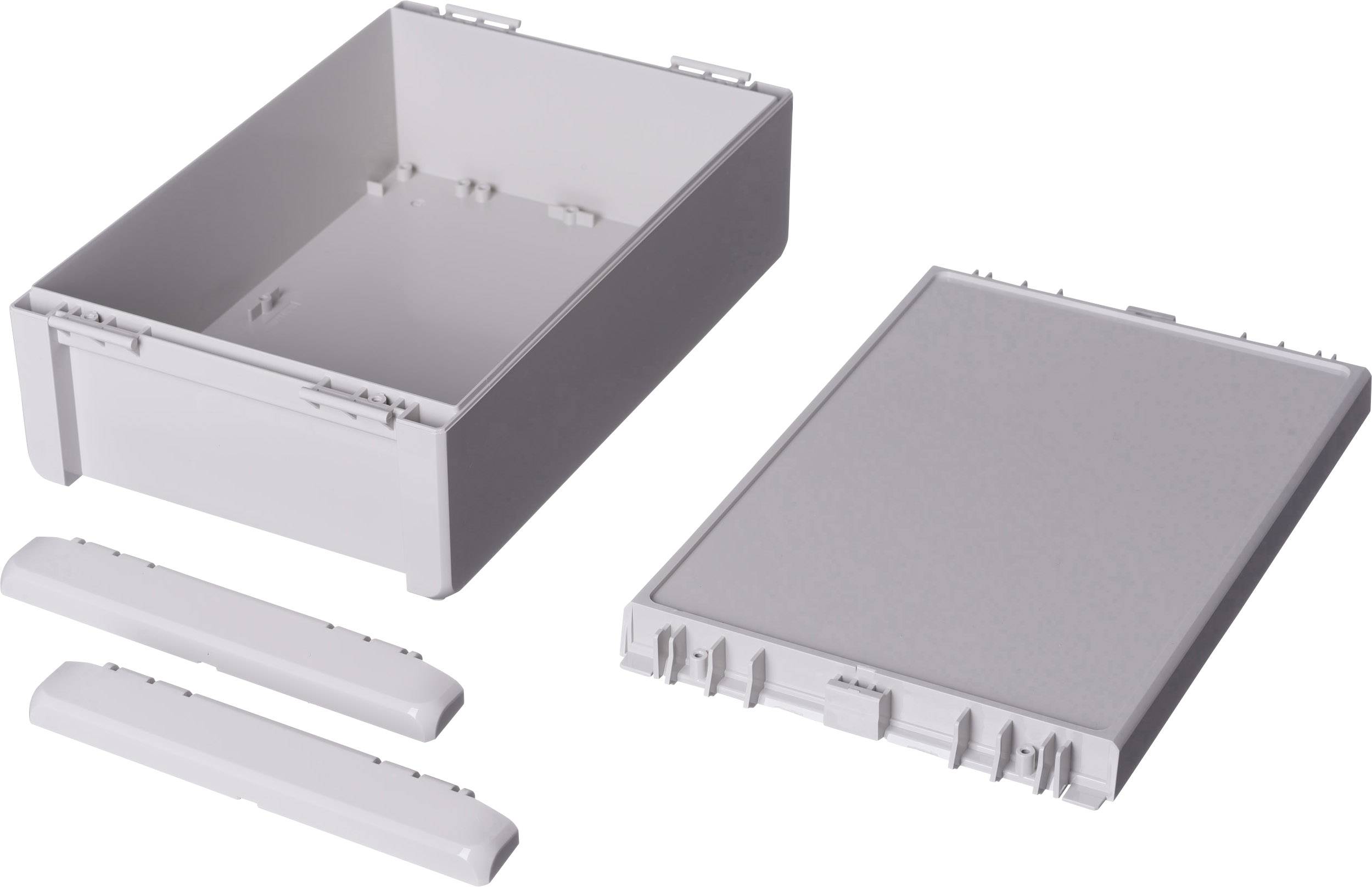 A grey, open plastic enclosure with a removable lid and two side covers, suitable for electronic components.