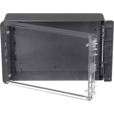 Grey plastic enclosure with transparent lid, partially open. Suitable for electronics or cable protection.