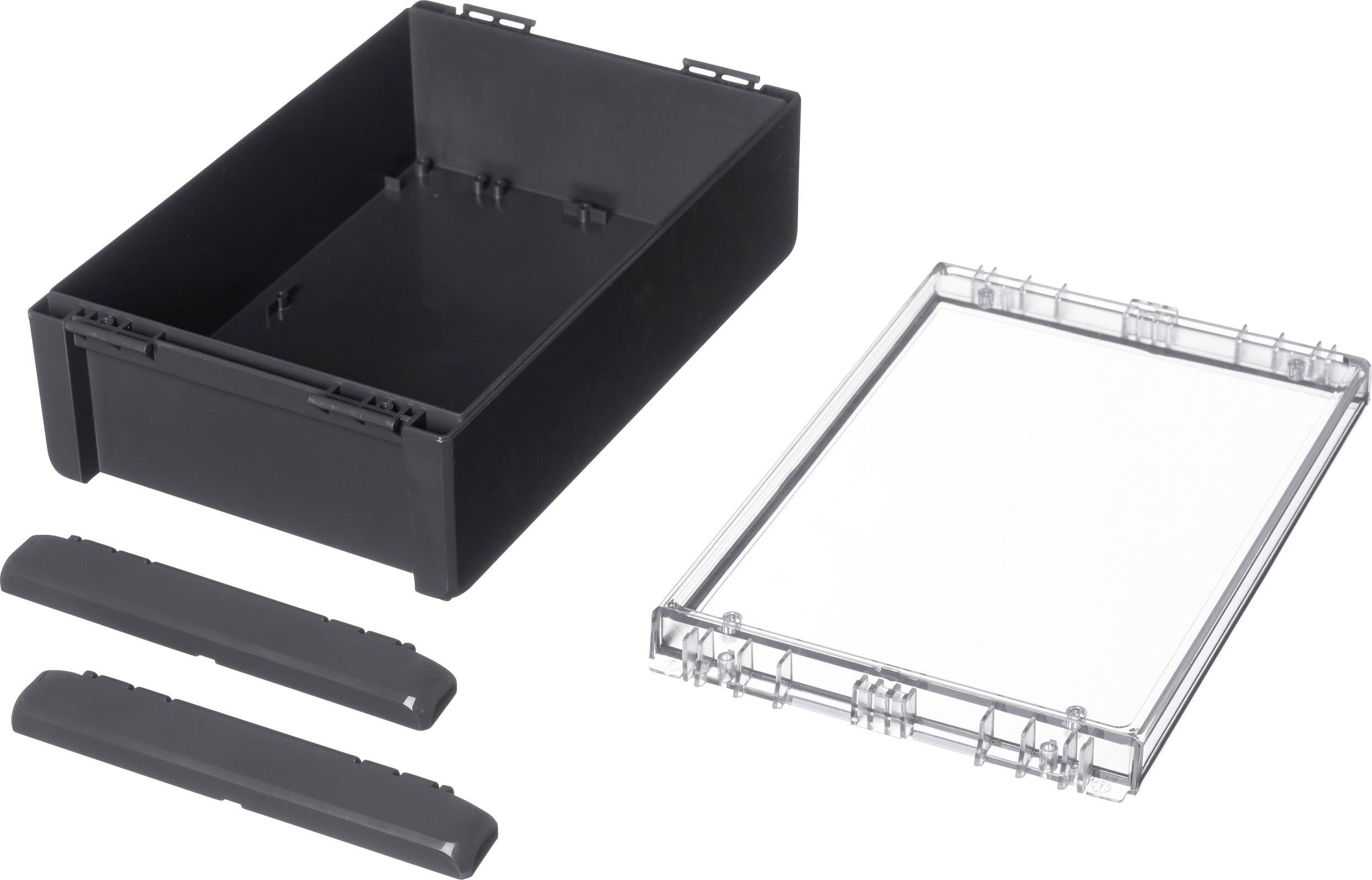 Black plastic storage box with a removable transparent lid and two black side panels, suitable for storing small items.