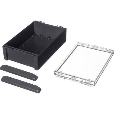 Black plastic storage box with a removable transparent lid and two black side panels, suitable for storing small items.