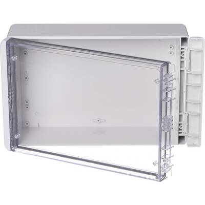 Opened grey electrical enclosure with a transparent lid, revealing the internal structure. Suitable for electrical installations.