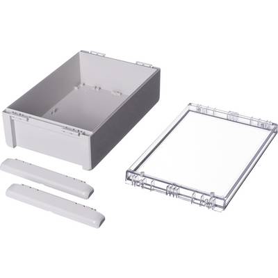 Plastic enclosure set with a white housing, transparent lid and two side closures, suitable for electronic devices.