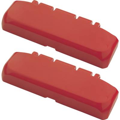 Two red plastic covers, rectangular with slightly rounded corners and small raised areas on the top surface.