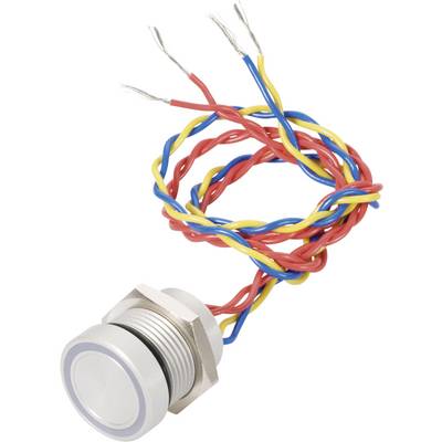 A round push button with a silver casing and colourful, twisted cables.