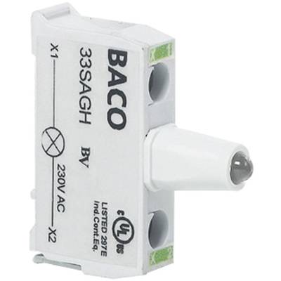 A white BACO indicator pilot light with black text '33SAGH BV'. Voltage: 230V AC. UL-listed.