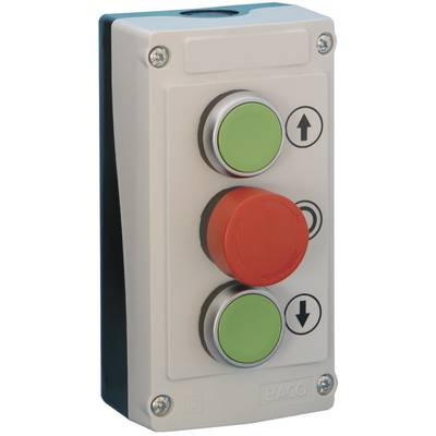 A rectangular control panel with three buttons: green with an upward arrow, red for stop, green with a downward arrow.