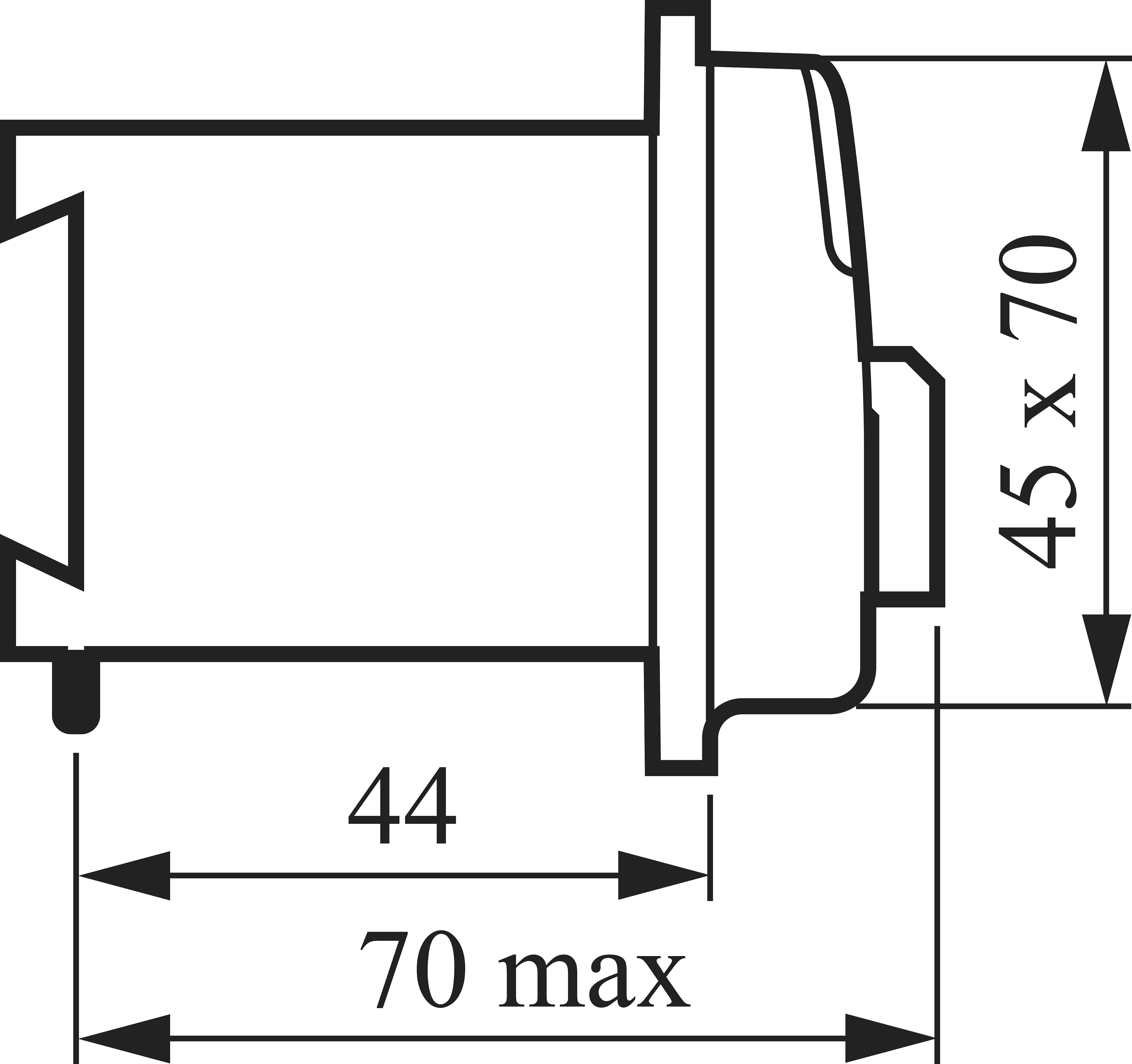 Cross-sectional drawing of a cylindrical component with dimensions: 44 length, 45 height, 70 maximum width.