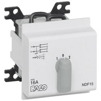 A grey rotary switch with markings '0', '1', '2' and circuit diagram. Suitable for 16A, 400V, Model NDF15 by BACO.