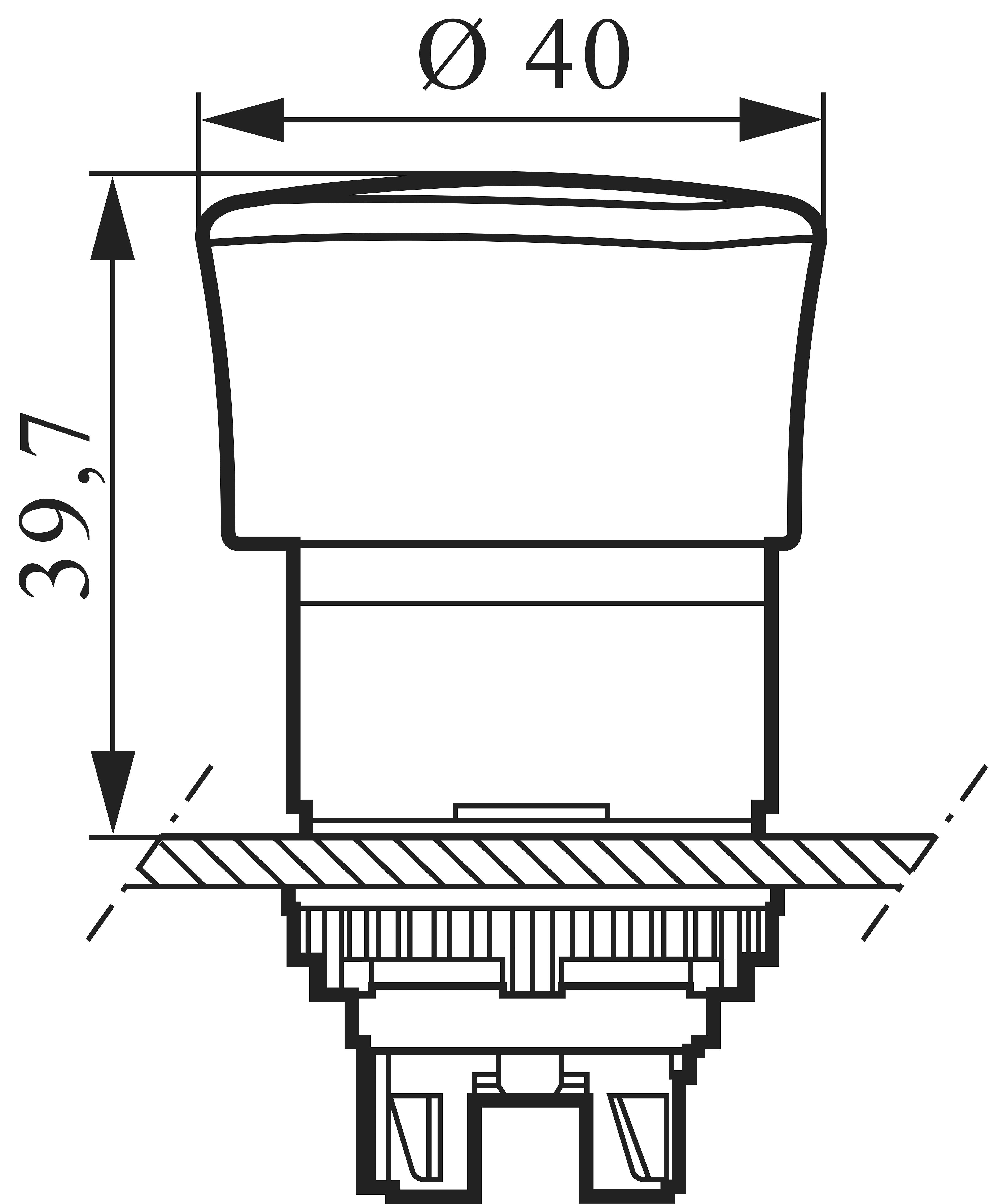 Technical drawing of a round push-button switch with dimensions: diameter 40 mm and height 39.7 mm.