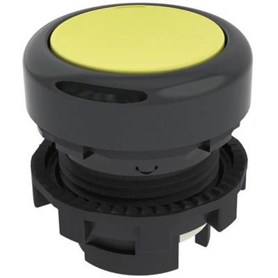 Yellow push button with a black housing, commonly used in machine controls.